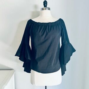 New York & Co Black Cotton Blend Off-Shoulder Dramatic Ruffle Bell Sleeve Top, M